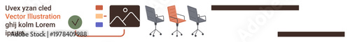 Business presentations, office furniture, analytics, workspace setup, corporate design, data visualization. Image features office chairs, chart icons and placeholder text. Business presentations