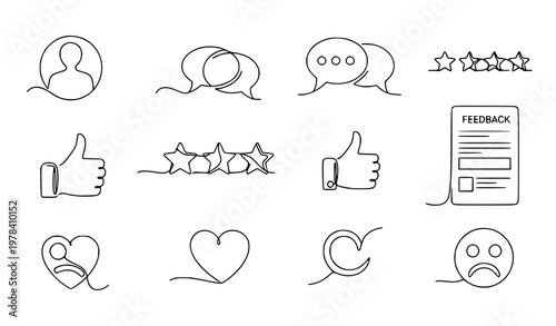Continuous line testimonial icons set with feedback review CRM and emotion symbols minimal vector