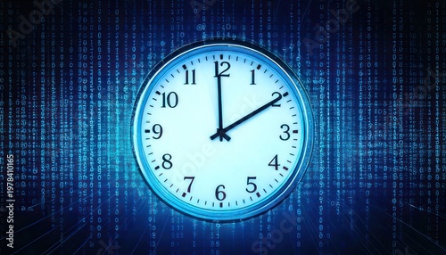 Clock face against a blue digital background, time concept.