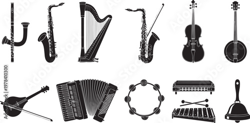 A comprehensive vector collection of diverse musical instruments in elegant black and white silhouettes, featuring woodwind, string, percussion, and keyboard elements for music-themed graphic projects