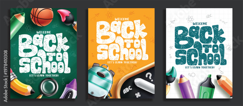 Back to school poster collection clipart. Welcome Back to School greeting text poster set with abstract and gridlines education backgrounds with school supplies like backpack, pencil, crayon