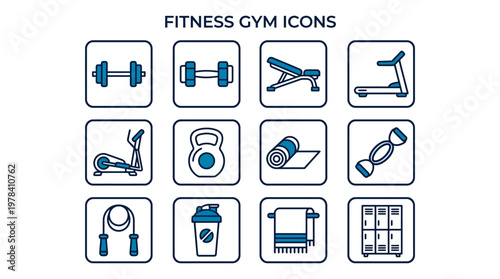 Gym Fitness Icons: a set of illustrative icons related to gym and fitness, designed to represent the various exercise equipment