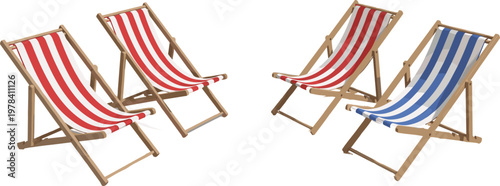 Beach Deck Chair Vector Set with Striped Folding Lounge Seats for Summer Vacation Relaxation and Outdoor Leisure Illustration