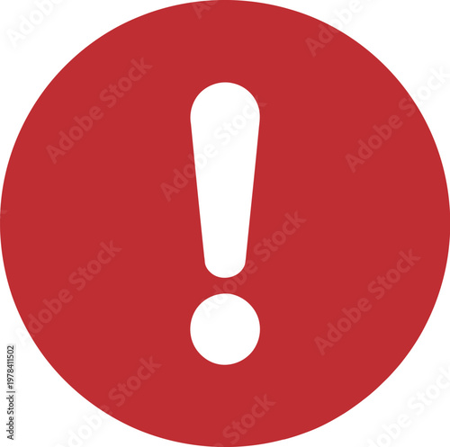 Red exclamation mark icon, circular warning button symbol with clean flat design representing alert notification error and attention concept on white background.