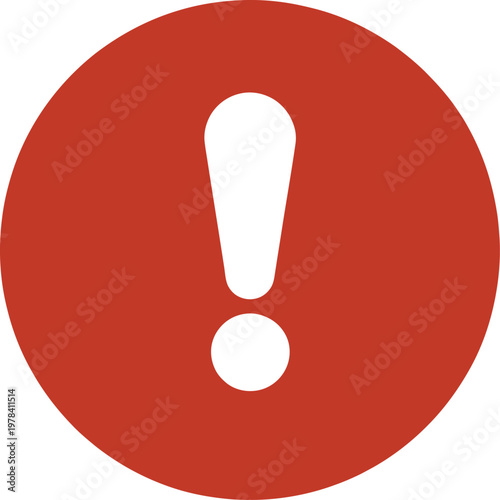 Red exclamation point icon, flat round attention symbol button in bold red color isolated on white background for warning alert and notification UI design.