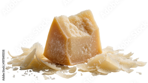 Fotografía Wedge of aged Parmesan cheese with shavings, isolated on transparent background