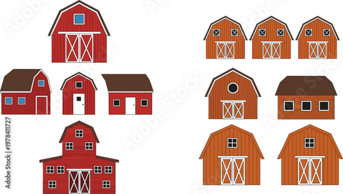 Farm Barn Vector Set with Red Wooden Rural Buildings Agricultural Houses and Countryside Architecture Illustration Collection