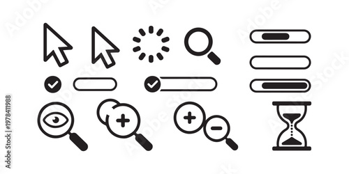 Collection of modern interface icons including cursors magnifying glass progress bars and hourglass for web design