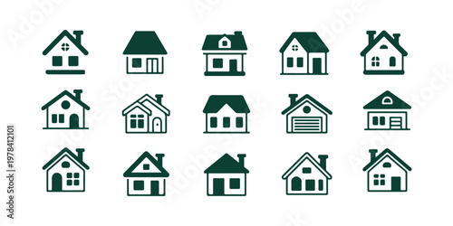 Collection of various house icons in dark green silhouettes representing real estate and residency
