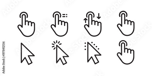 Set of cursor icons click scroll swipe hand mouse arrow pointer gesture computer touchscreen