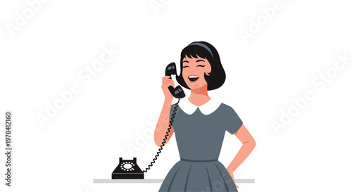 Joyful young woman with short black hair and a blue dress with a white collar laughs heartily during a phone call using a classic black rotary phone.