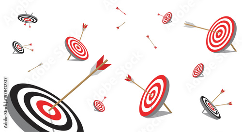 Several red and black concentric archery targets are positioned at dynamic angles while wooden arrows strike the bullseye against a bright white space.