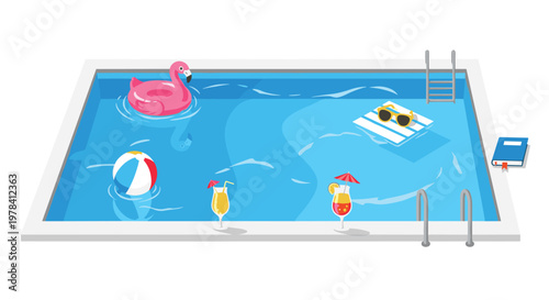 A pristine rectangular swimming pool filled with sparkling blue water features a pink flamingo float beach ball and various summer accessories on deck.