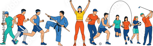Sports Activity Vector Set with Running Karate Fitness Jump Rope Golf and Active People Illustration Collection