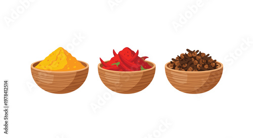Three rustic wooden bowls are filled to the brim with vibrant yellow turmeric powder and bright red chili peppers and dark brown aromatic cloves.
