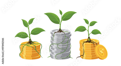 Three distinct stacks of gold and silver coins support flourishing green plants with visible roots extending down the sides of the metallic currency piles.
