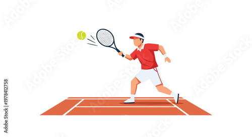 A dynamic tennis player dressed in a red shirt and white visor lunges forward to strike a yellow ball on a textured orange clay court environment.