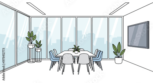 A bright and spacious executive boardroom offers a panoramic view of a city skyline through large windows surrounding a central conference table setup.