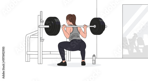 A focused female athlete with a brown ponytail performs a heavy barbell squat while facing a large gym mirror in a bright and modern fitness facility.