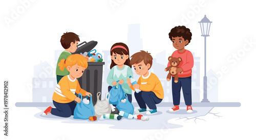 A diverse group of enthusiastic young children works together diligently to collect scattered plastic waste and litter in a clean urban neighborhood setting.
