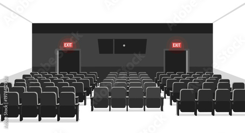 An expansive and empty modern cinema auditorium features rows of dark grey upholstered seats and glowing red emergency exit signs under dim ambient lighting.