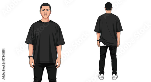 A male model stands in a neutral pose showcasing the front and back fit of a modern oversized black t-shirt paired with slim black denim cotton trousers.