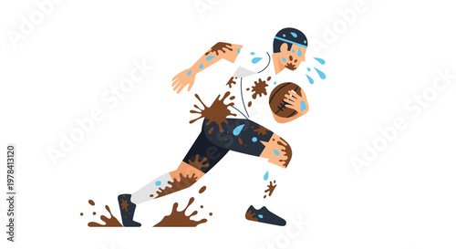 A determined muddy rugby player sprints energetically across a white background while clutching a brown ball amidst splatters of dark brown mud and blue sweat.