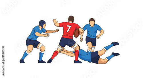 A group of athletic rugby players engages in a high-energy tackle during a competitive match featuring vibrant red and blue team uniforms on a white background.