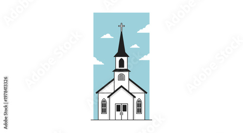 Charming vector illustration of a white wooden church with a tall black spire set against a light blue sky with soft white clouds and a clean border.