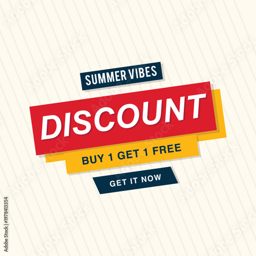 Dynamic layered summer vibes discount badge featuring buy one get one free promotion on elegant striped background for seasonal retail marketing and web banner vector design