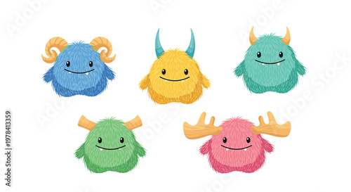 Playful collection of five distinct fuzzy monsters in various vibrant colors like blue, yellow, and pink, each with unique horns and friendly smiling faces.