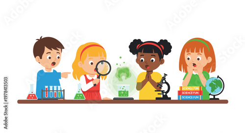 A group of diverse young students displays expressions of pure amazement while observing a bubbling green chemical reaction during a fun science experiment.