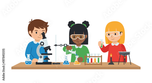 Three diligent young students wearing protective safety goggles conduct a meticulous chemistry experiment using colorful test tubes in a bright school laboratory.