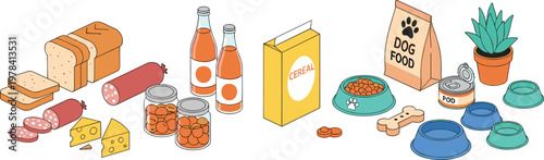 Pet Food and Grocery Vector Set with Bread Cheese Sausage Cereal Dog Bowl and Animal Feeding Supplies Illustration