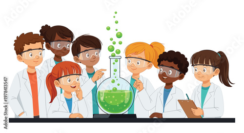 A group of seven curious children wearing white lab coats gathers around a large glass flask to observe glowing green bubbles rising during a science lesson.