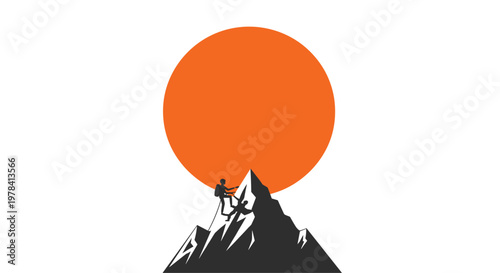 Two intrepid mountain climbers are depicted as dark silhouettes while scaling a jagged peak against the backdrop of a massive and radiant orange setting sun.