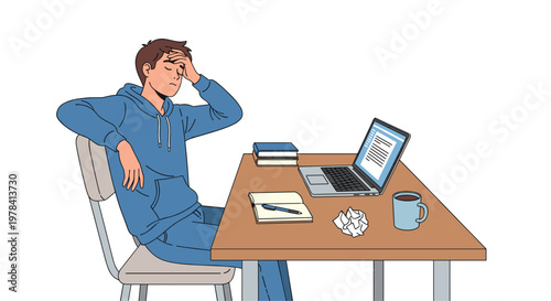 A frustrated young man wearing a blue hooded sweatshirt leans back in his chair while holding his head in distress at a wooden desk with a modern laptop in a neutral room.