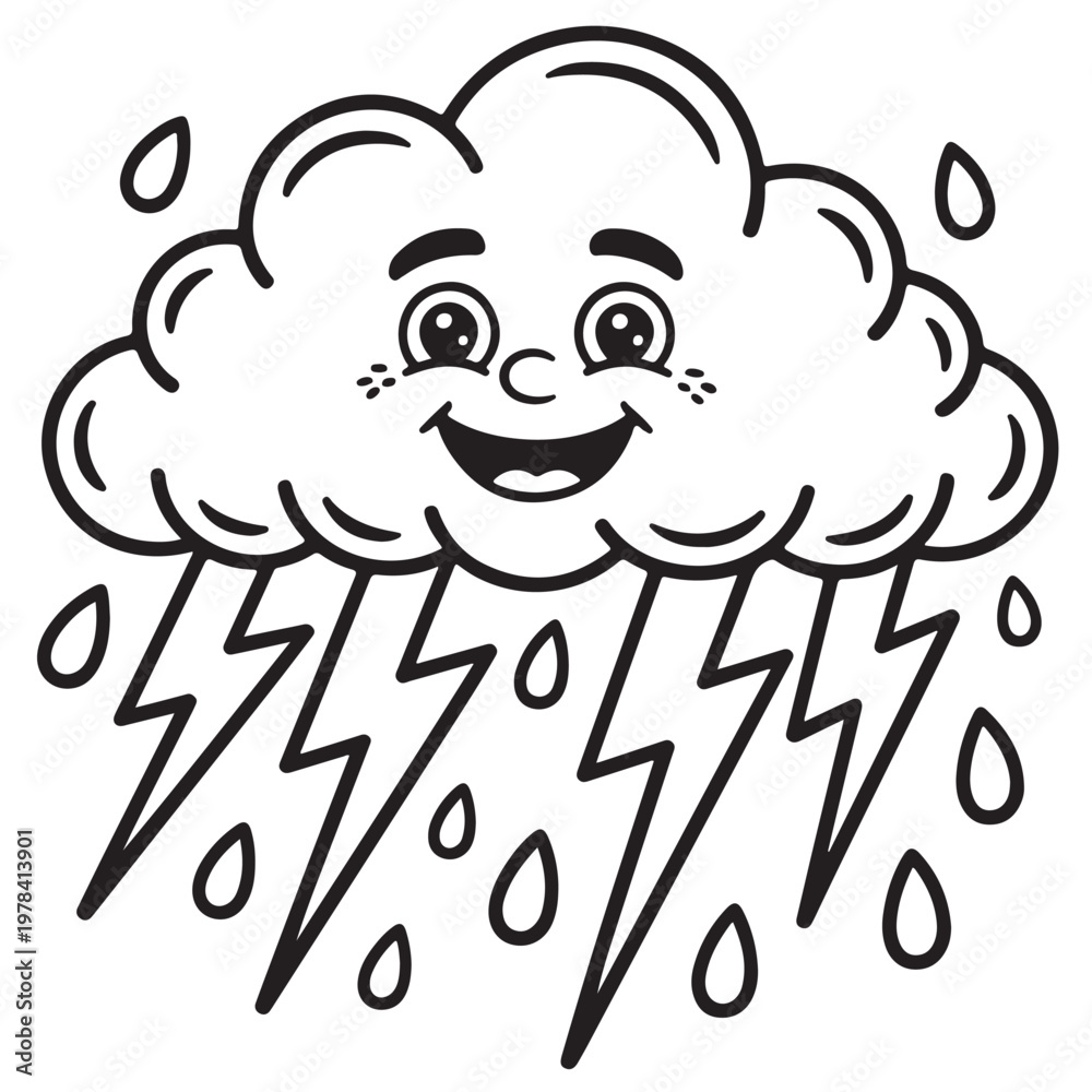 Obraz premium Happy Rain weather Coloring Pages with Black and white vector book page 