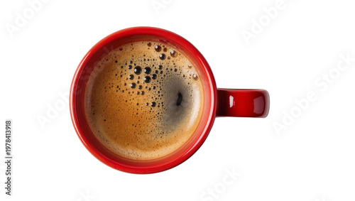 Obraz na plátně Top view of a red coffee mug filled with hot espresso, isolated on transparent b