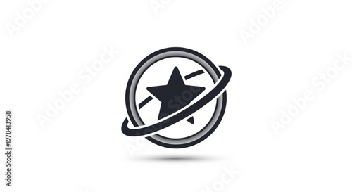 Black star inside circular frame with orbital ring vector icon
