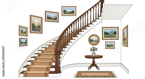 A graceful curved wooden staircase with a tan runner ascends elegantly past a clean white wall adorned with numerous framed landscape artworks and vases.