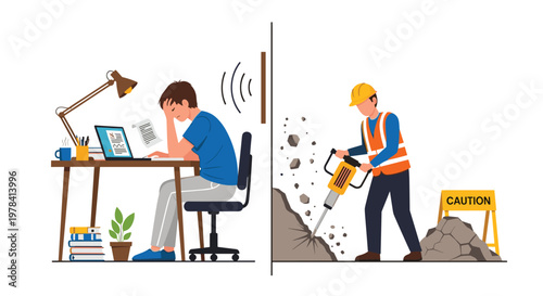 An exhausted student at a cluttered desk feels overwhelmed by the deafening sound of a construction worker operating a heavy jackhammer right outside.
