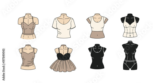 Eight female torso mannequins are neatly arranged to display a diverse selection of modern lingerie, crop tops, and intimate apparel in neutral tones.