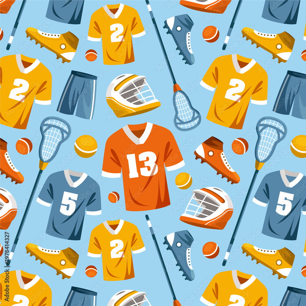 Obraz premium Seamless lacrosse pattern with jerseys helmets sticks and sports equipment
