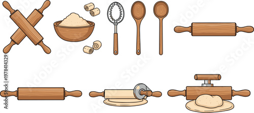 Baking Utensils Vector Set with Rolling Pins Flour Bowl Wooden Spoons Sifter Dough and Kitchen Tools Illustration