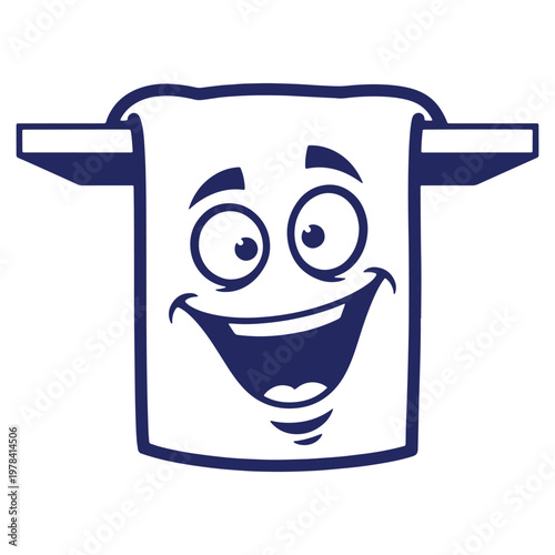 Cheerful Blue Towel Cartoon Character with a Smiling Face and Waving on a Towel Rack Isolated