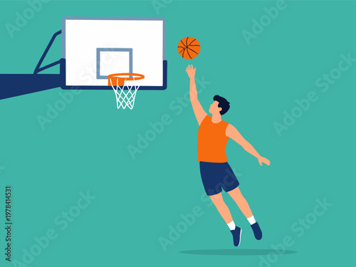 Basketball player shooting ball into hoop. Sport scoring action concept illustration.