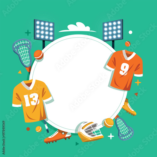 Lacrosse equipment frame background with jerseys helmet stick and ball sports template