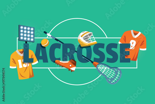Lacrosse typography banner with sports equipment and modern flat design elements