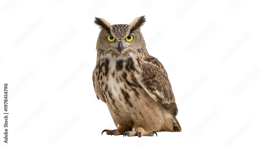 Fototapeta premium Majestic Eurasian eagle-owl with piercing yellow eyes, isolated on transparent background